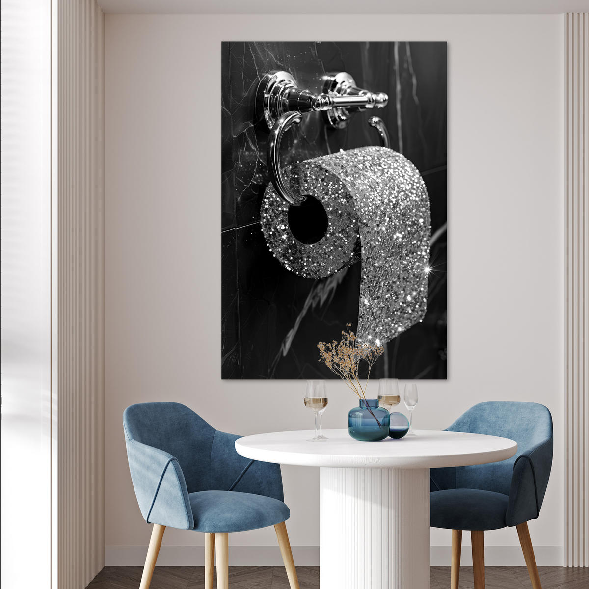 POSTER WC - Toilettenpapier - Schwarz und weiß - Glitter 80x120 cm - Silberfarben, Papier (80/120/0.1cm) - MuchoWow