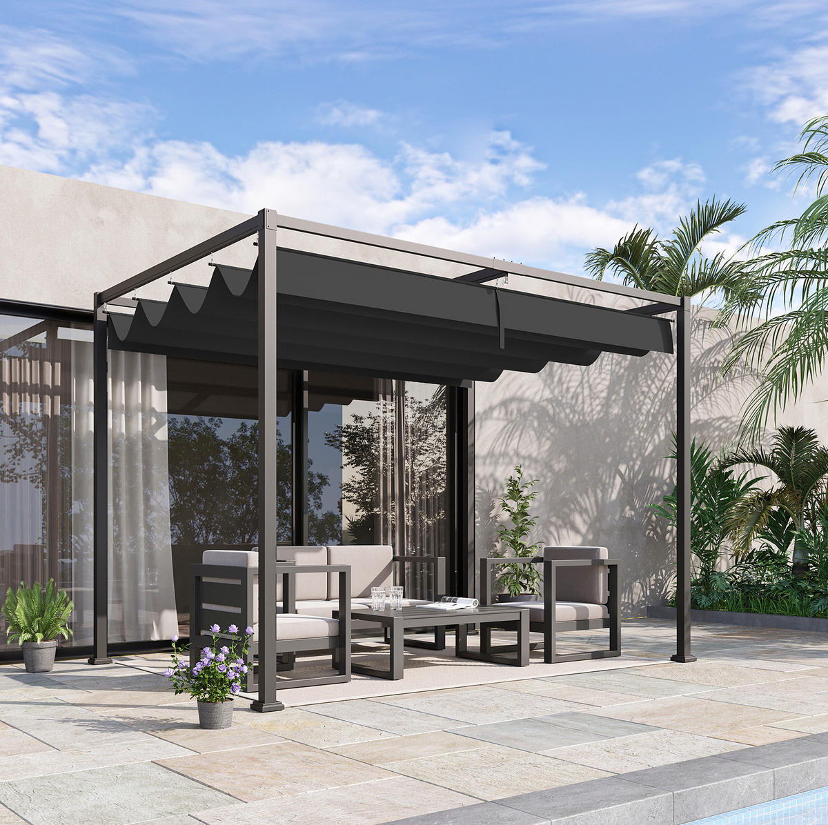 ZAHRADNÍ pergola 298/213/221 cm s posuvnou střechou a UV ochranou, Černá - černá, kov (298/221/213cm) - Redom