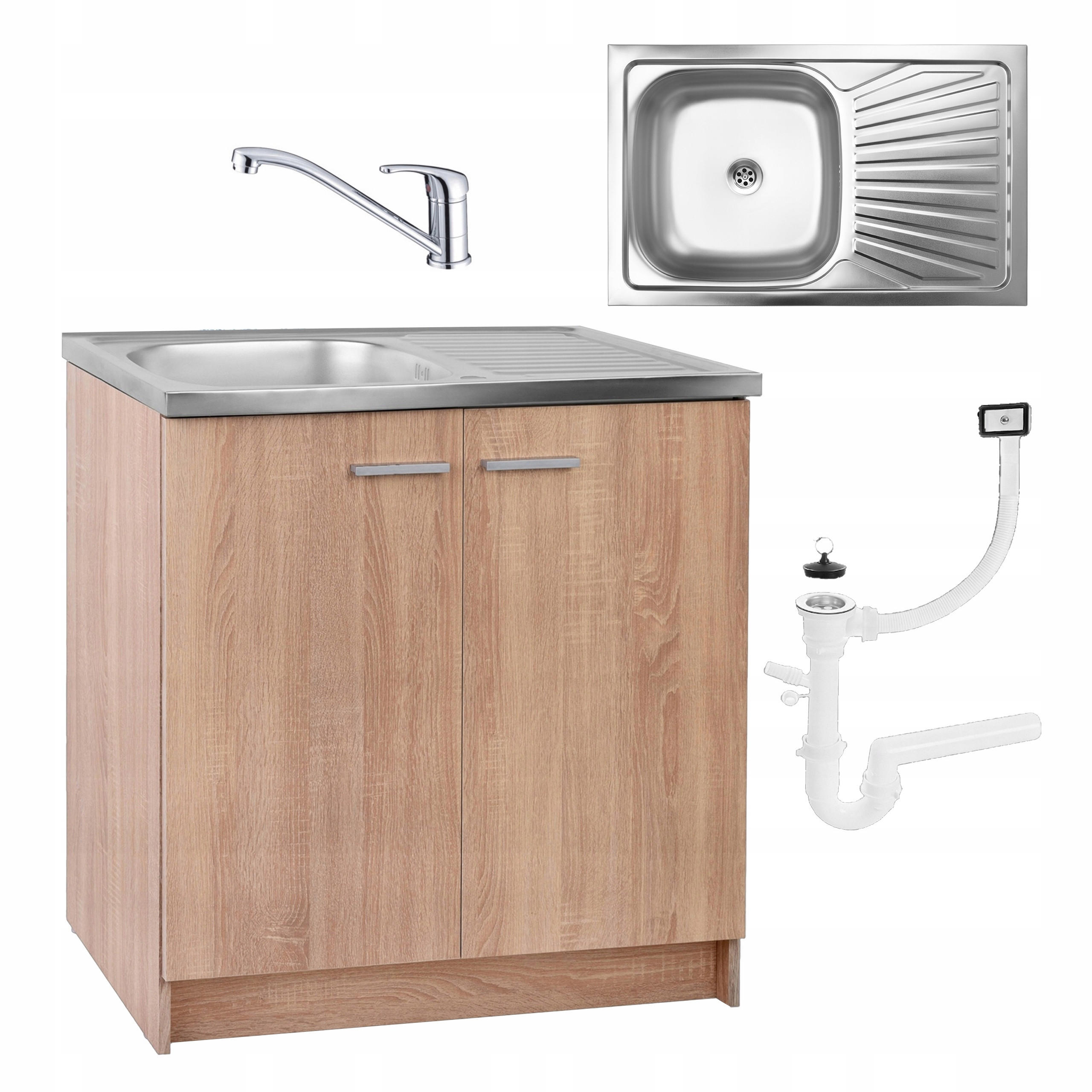 SPÜLUNTERSCHRANK 80cm mit Spüle + Armatur + Siphon Sonoma-Eiche - Sonoma Eiche, Holzwerkstoff (80/82/46cm) - Stamar