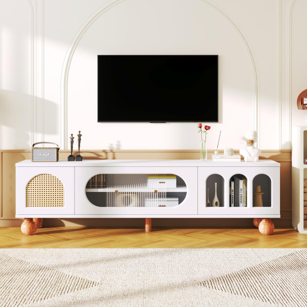 TV Lowboard Rattan, Glasschiebetür, Weiß - Weiß, Holz (170/47/37cm)