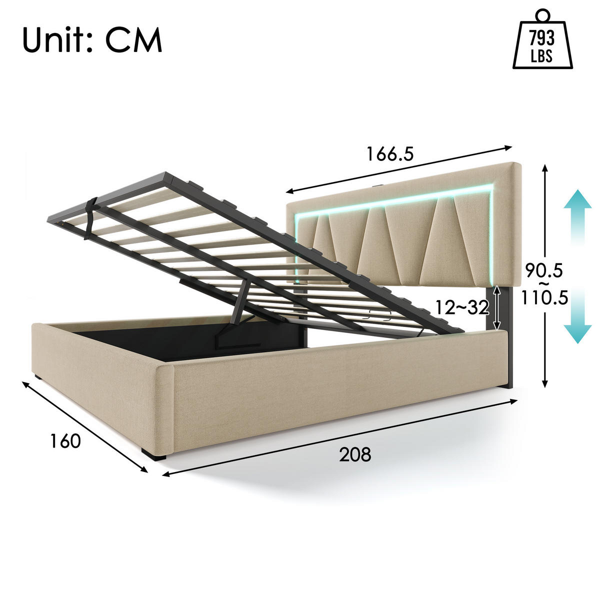 POLSTERBETT mit LED-Beleuchtung 160/200 cm mit Bettkasten, USB-C und Lattenrost - Beige, Textil (160/200cm) - BEAOK