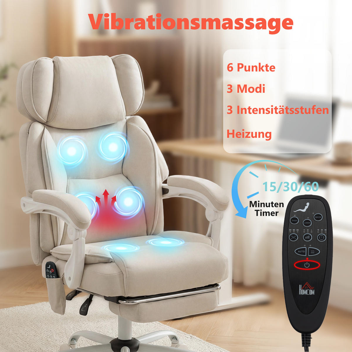 DREHSTUHL Massage Hochlehner Vibration Heizung neigbar Fußstütze Cremeweiß - Weiß, Textil (75.5/122.5/70cm)