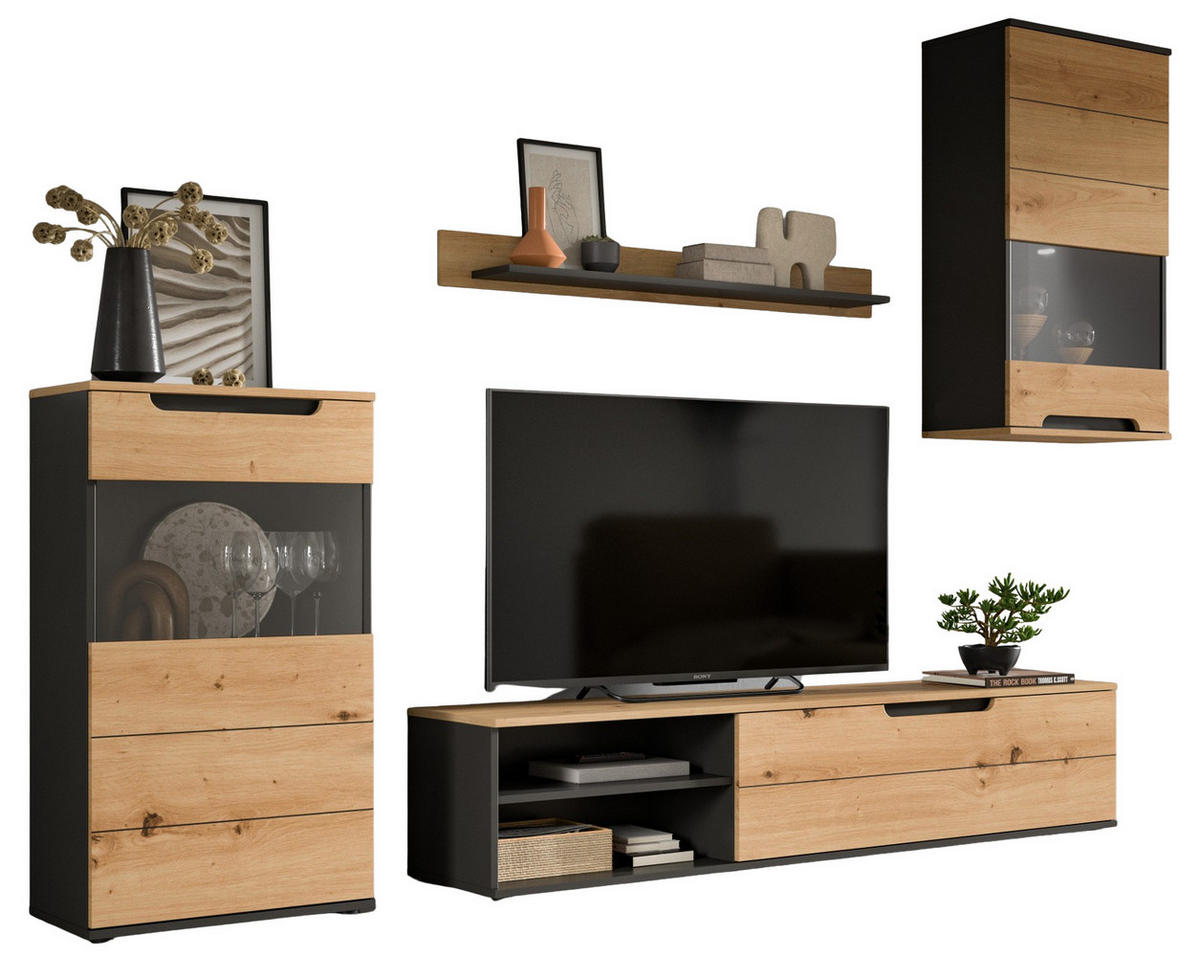 WOHNWAND Eiche Artisan, grau 4-teilig 246 cm, Schrankwand mit Soft-Close - Schwarz/Eiche Artisan, Glas/Holz (246/182/37cm) - Inn.Furn