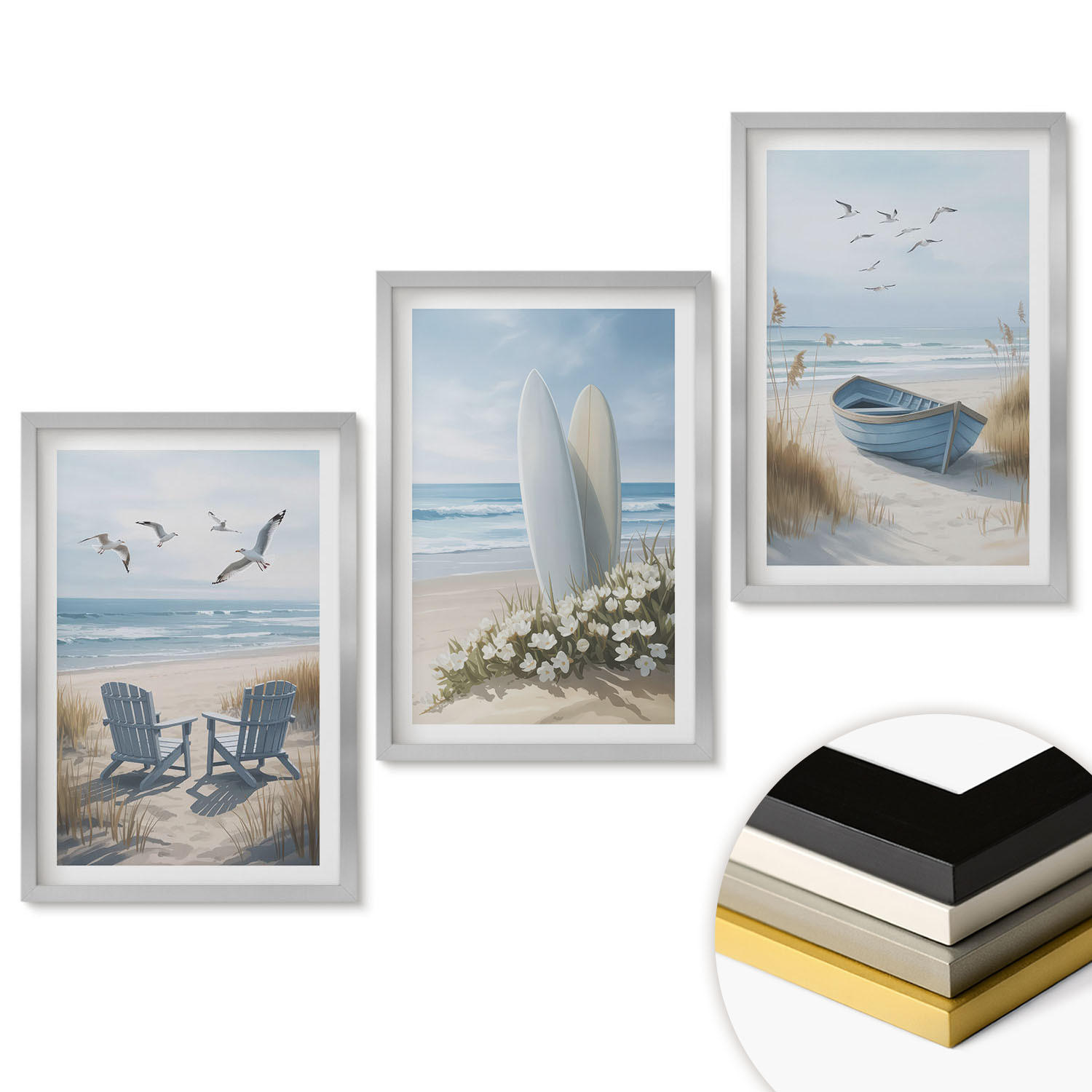 WANDBILDER 3er Set - 40x60 cm Silberner Rahmen - Strand Surfbretter Vögel - Silberfarben, Kunststoff (40/60cm) - ArtPrintCave