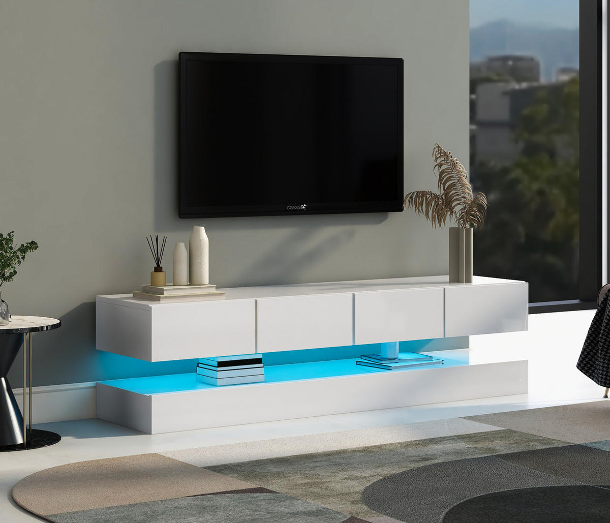 WAND-TV-LOWBOARD in Weiß mit 4 Schubladen und App-LED 130/33/15 cm - Weiß, Holzwerkstoff (130/15/33cm) - Redom