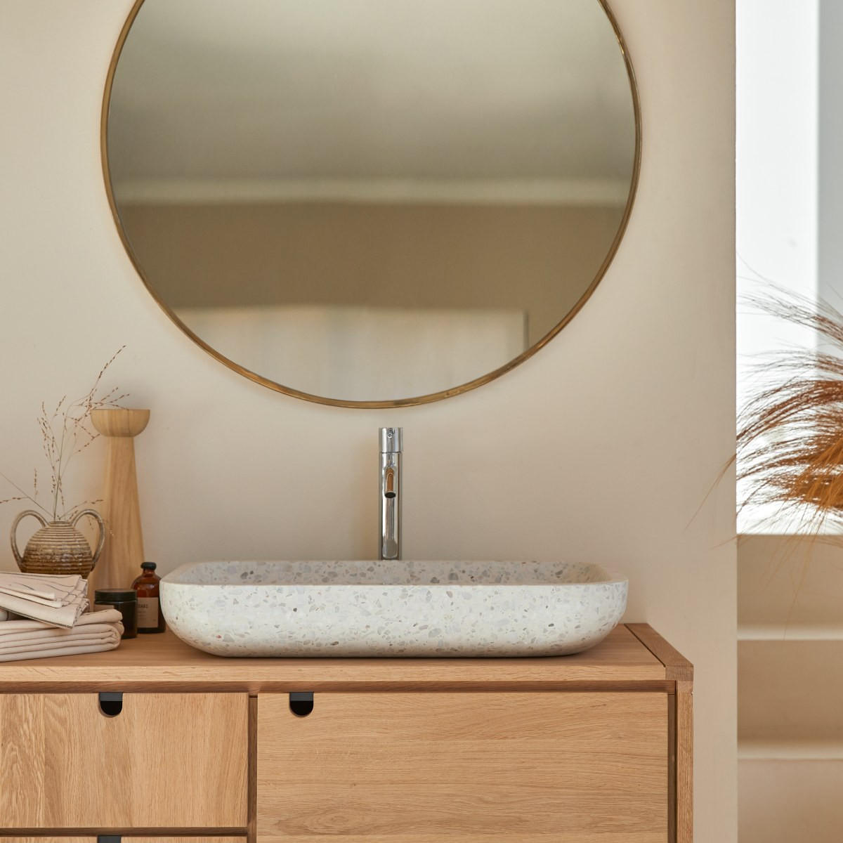 WASCHBECKEN Cilas Weiß aus Premium-Terrazzo - Weiß, Stein (60/10/40cm) - Tikamoon