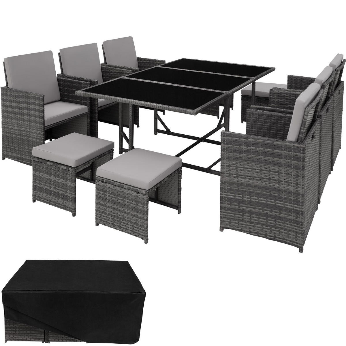 RATTAN SITZGRUPPE Malaga,zusammenschiebbar, inklusive Schutzhülle,grau - Grau, Kunststoff - tectake