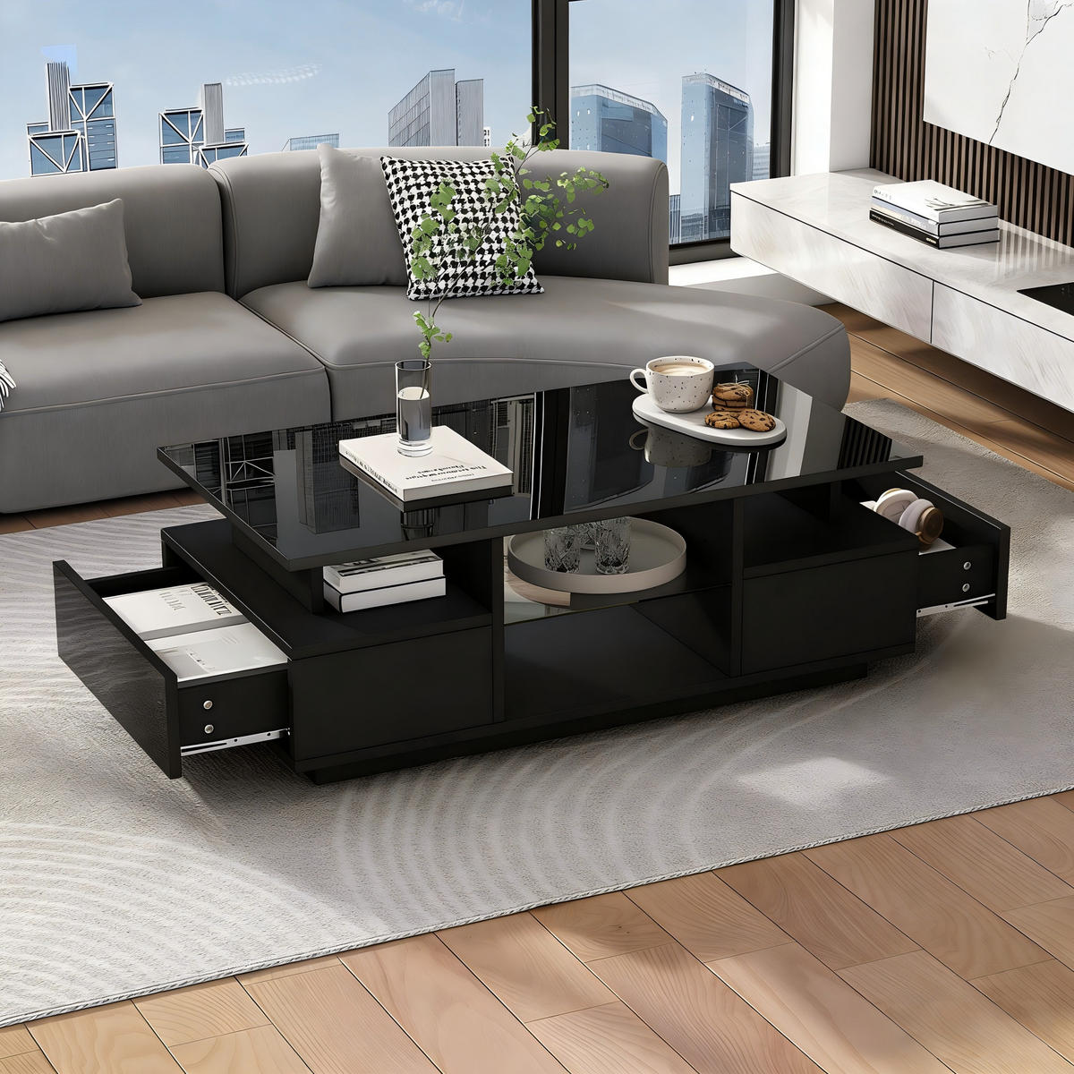 COUCHTISCH 100/50/36 cm Schwarz aus Spanplatte mit LED-Beleuchtung und 2 Schubladen - Schwarz, Holzwerkstoff (100/50/36cm) - OKWISH