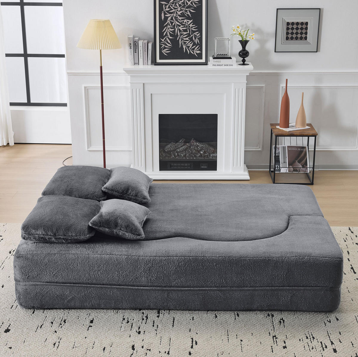 BODENSCHLAFSOFA klappbar mit hochdichtem Schaumstoff, 4 Kissen und 2-in-1-Funktion, Blau/Grau - Grau, Kunststoff (198/76/60cm) - Redom
