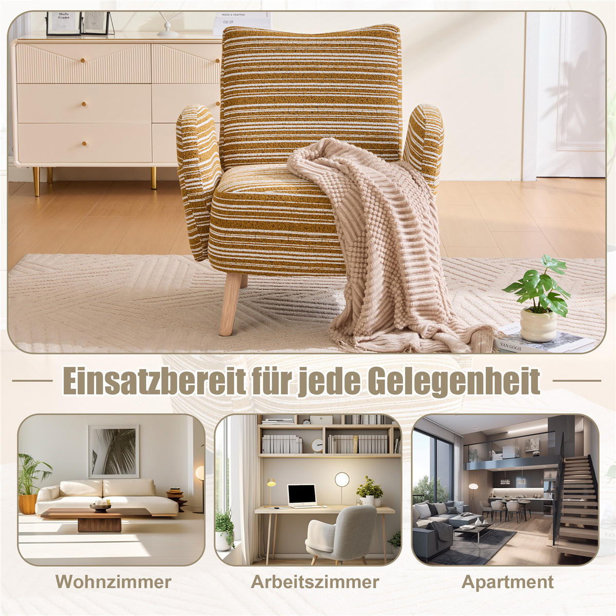 SESSEL Kreismuster Stoff Massivholzbeine Lesesessel - Gelb, Textil (77/87/81cm) - Kaket