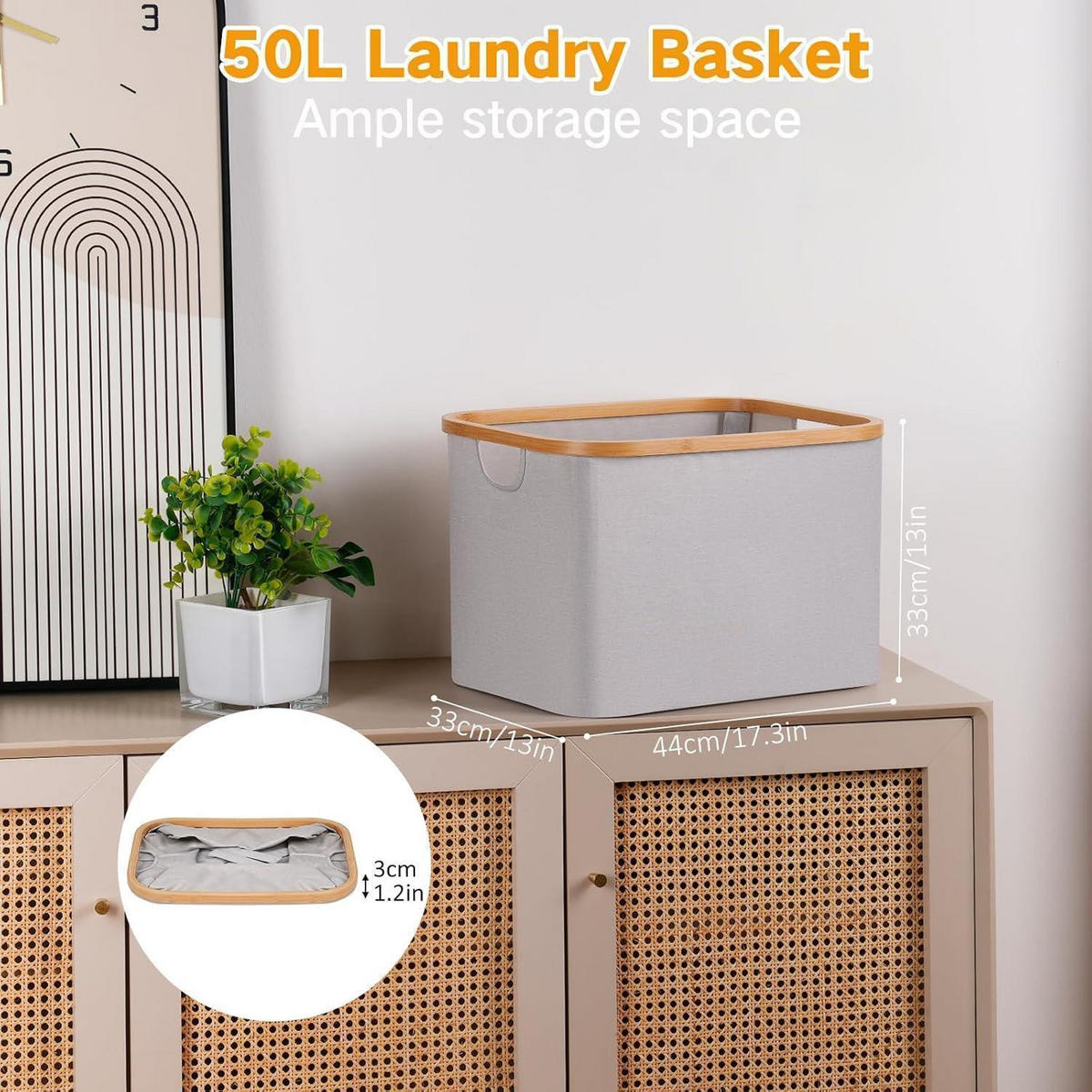 WÄSCHEKORB faltbar 50L Bambus Stoff Hellgrau - Grau, Naturmaterialien (33/33/44cm)