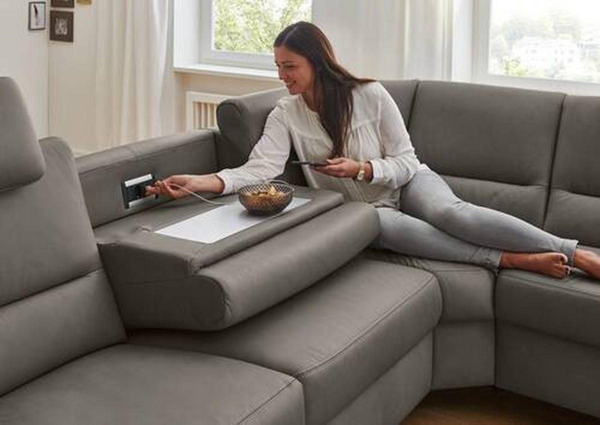 ECKSOFA in Echtleder Grau  - Alufarben/Grau, Basics, Leder/Metall (249/290cm) - Beldomo Premium