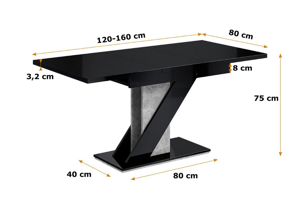 ESSTISCH ausziehbar 120 -160x80x75 cm - Hochglanz Schwarz/Betonoptik - EVA - Schwarz Hochglanz, Holzwerkstoff (120/80/75cm) - ALTDECOR