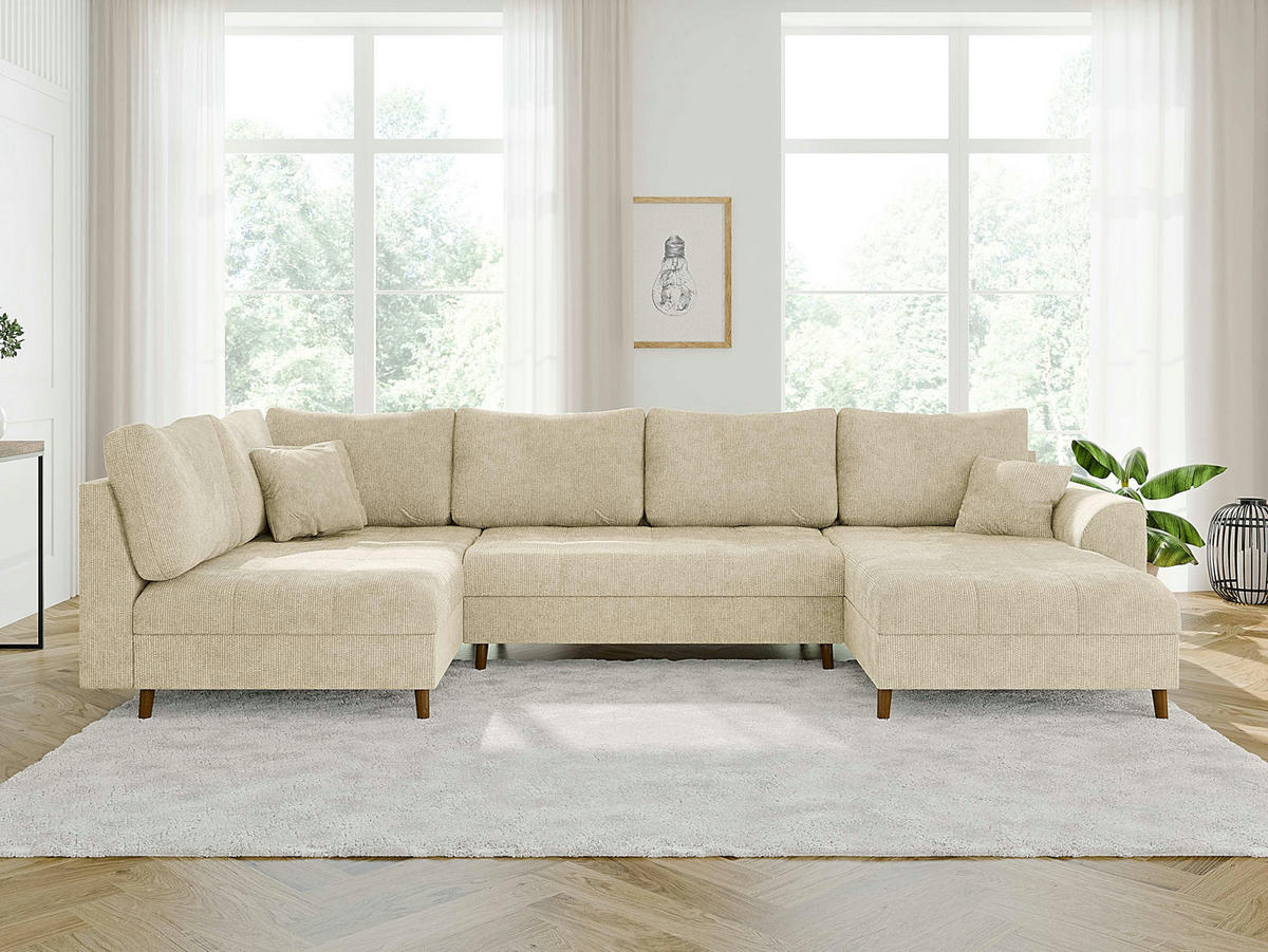 WOHNLANDSCHAFT Sigurd Beige Chenille - Ottomane rechts - Beige/Braun, Holz/Textil (310/81/161cm) - S-Style Möbel