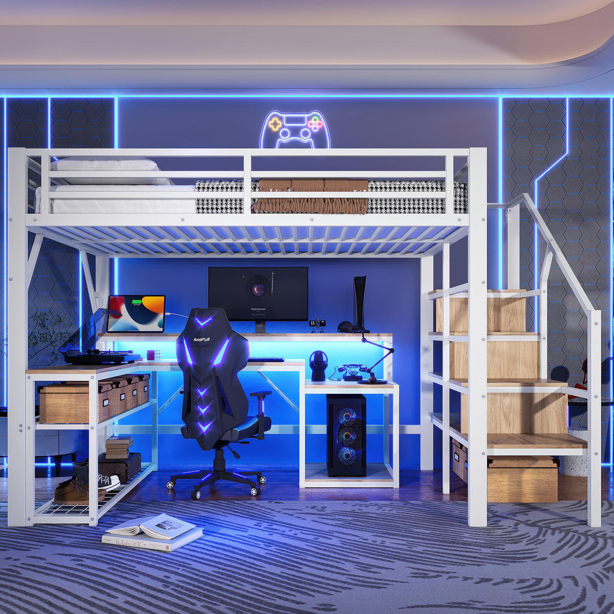 HOCHBETT 140/200 cm aus Metall/MDF mit Schreibtisch, LED-Leiste und USB-Anschluss Weiß - Weiß, Metall (140/200cm) - Modenvie