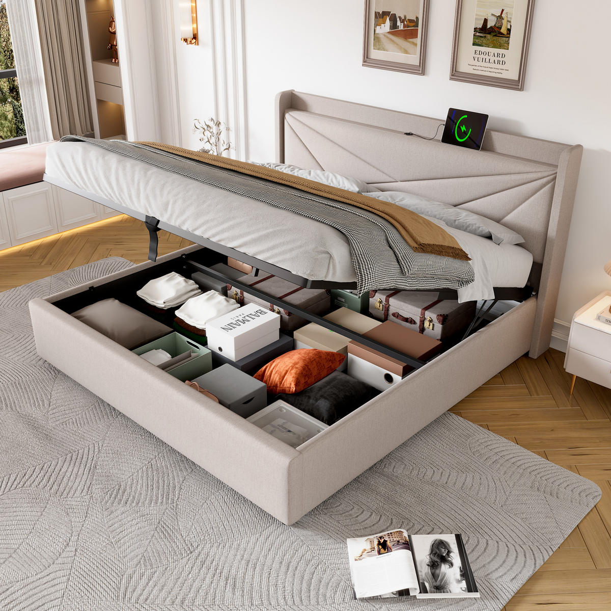 POLSTERBETT 140/200 cm Beige mit Stauraum und USB- und Type-C-Anschlüssen aus Baumwoll-Leinen - Beige, Textil (140/200cm) - OKWISH