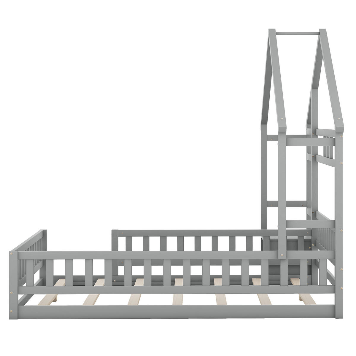 HAUSBETT 140/200 cm grau mit Geländer und Nachttisch - Grau, Holz (140/200cm) - OKWISH