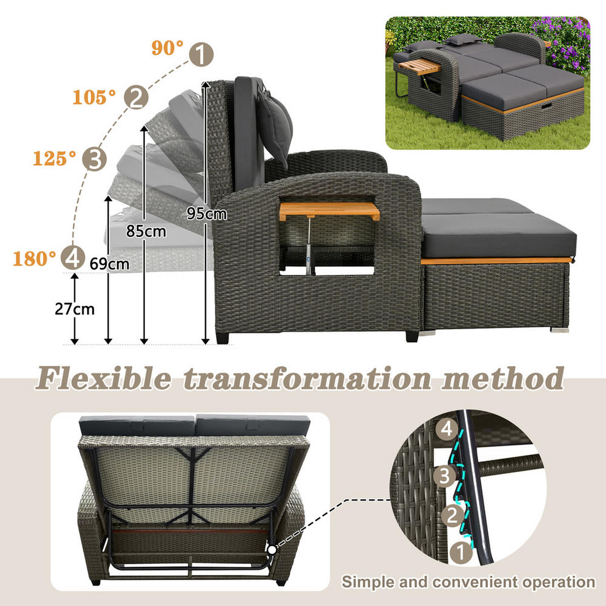 GARTENLOUNGE 2 Personen Grau Rattan verstellbar mit Hocker Kissen - Grau, Metall (53/29.21/84.8cm) - FLIEKS