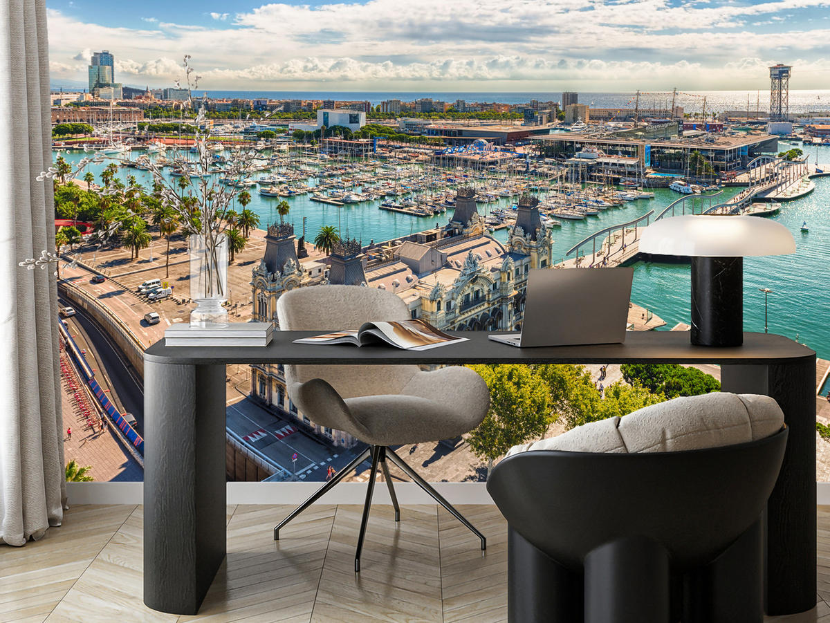 FOTOTAPETE für Wohnzimmer Barcelona Hafen Boote Denkmäler 350x256 - Türkis/Beige, Papier (350/256cm) - Muralo