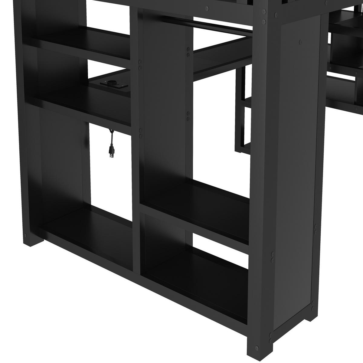 HOCHBETT 140/200 cm in Schwarz mit Schreibtisch, Treppe, Stauraum, LED und offenem Kleiderschrank aus Metall - Schwarz, Metall (140/200cm) - STILVORA