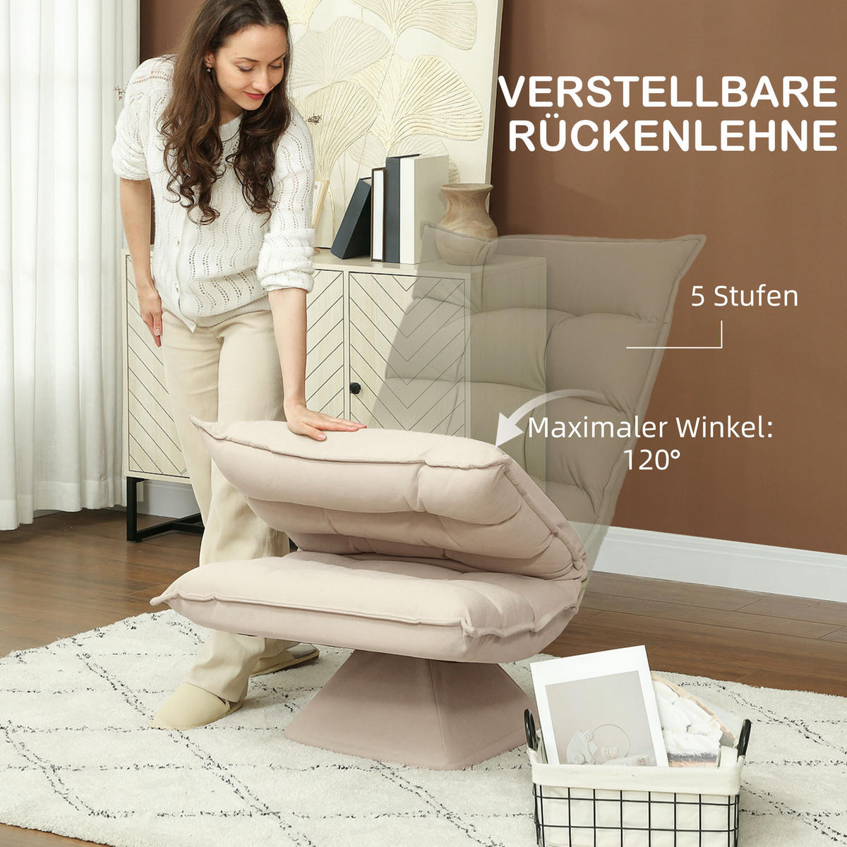 BODENSTUHL Bodensofa mit Verstellbarer Rückenlehne für Wohnzimmer, Büro Beige - Beige, Metall (70/95/62cm) - HOMCOM