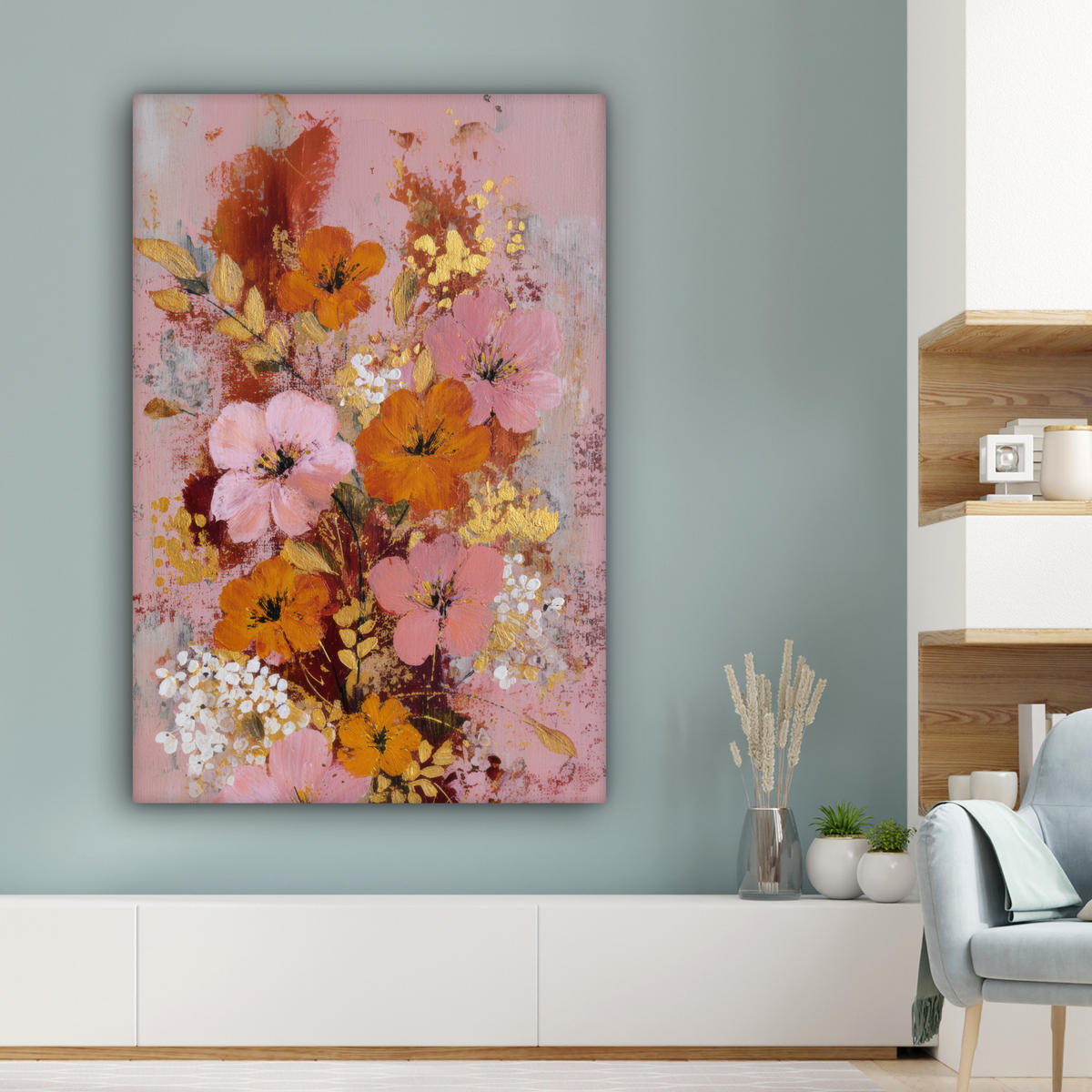 LEINWANDBILD Malerei - Blumen - Rustikal - Rosa Deko Groß 90x140 cm - Altrosa, Textil (90/140cm) - MuchoWow