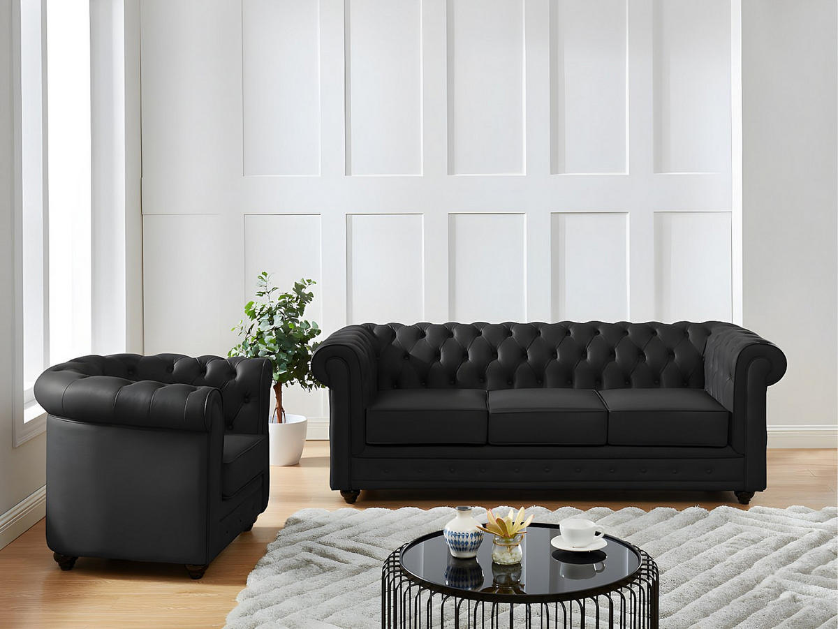 LEDERSOFA 3-Sitzer + Ledersessel - Büffelleder - Schwarz - CHESTERFIELD - Schwarz, Leder (205/72/88cm) - Vente-Unique