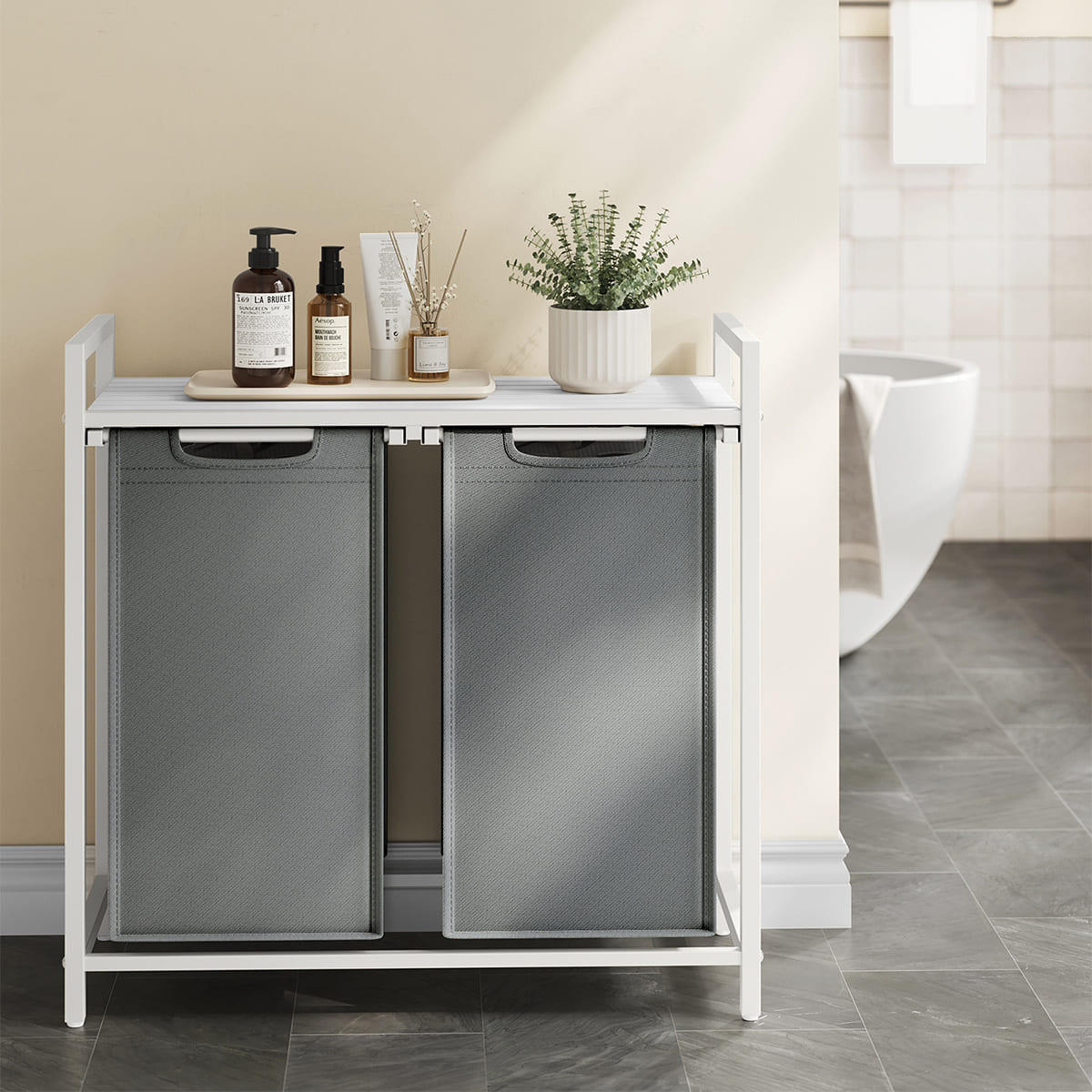 WÄSCHEKORB 2 Fächer Weiß und Grau – H71 cm - Grau, Holzwerkstoff (33/71/8.8cm) - Calicosy
