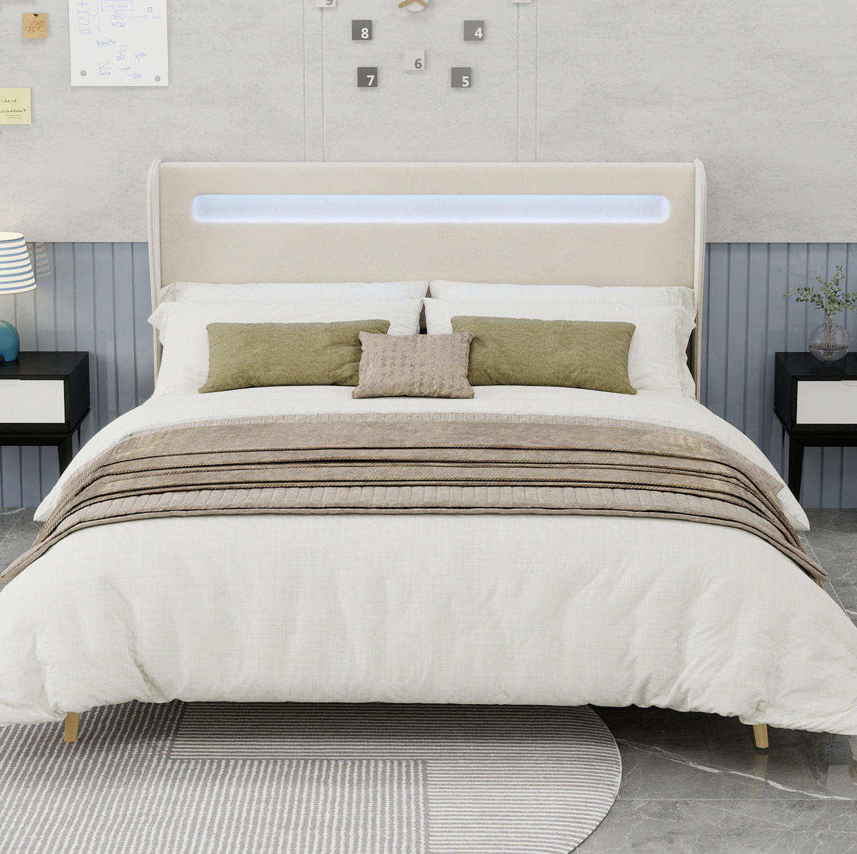 POLSTERBETT 160/200 cm beige aus Stoff und Metall mit LED und verstellbarer Rückenlehne - Beige, Textil (160/200cm) - OKWISH