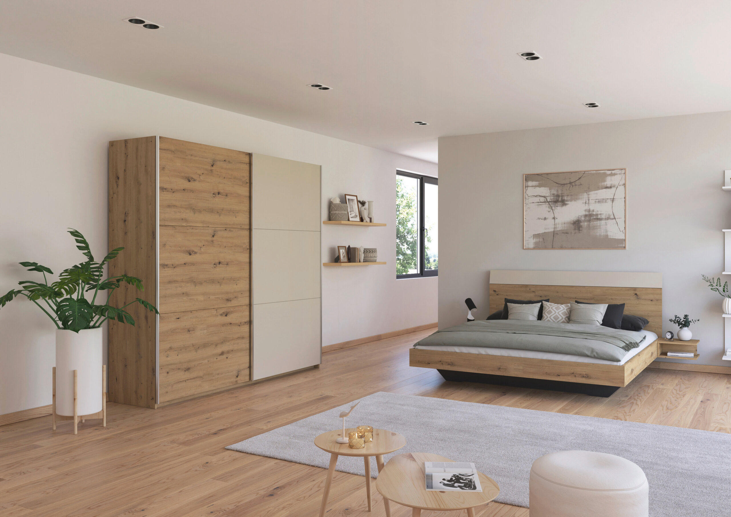 SCHLAFZIMMER Monza in Eiche Artisan und Beige mit Bettanlage 180x200cm, 2 Nachttischen und Schwebetürenkleiderschrank 4türig ohne Spiegel - Braun, Holzwerkstoff (80/200/120cm)