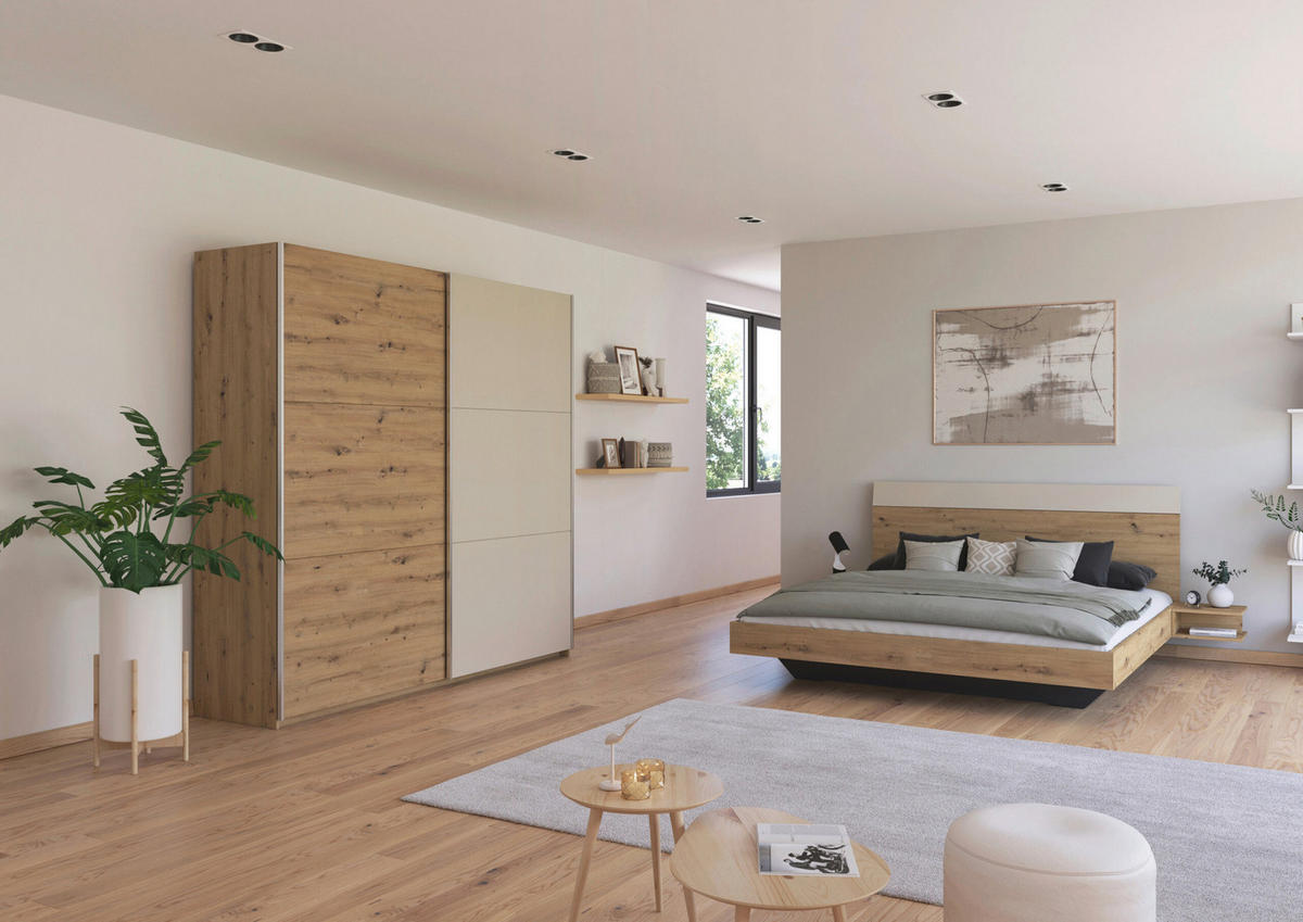 SCHLAFZIMMER Monza in Eiche Artisan und Beige mit Bettanlage 180x200cm, 2 Nachttischen und Schwebetürenkleiderschrank 4türig ohne Spiegel - Braun, Holzwerkstoff (80/200/120cm)