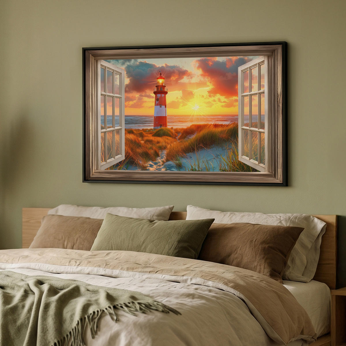 LEINWAND Bilder mit Rahmen - Aussicht - Fenster - Leuchtturm - Sonnenuntergang - Strand - 90x60 - Dunkelorange, Textil (90/60cm) - MuchoWow