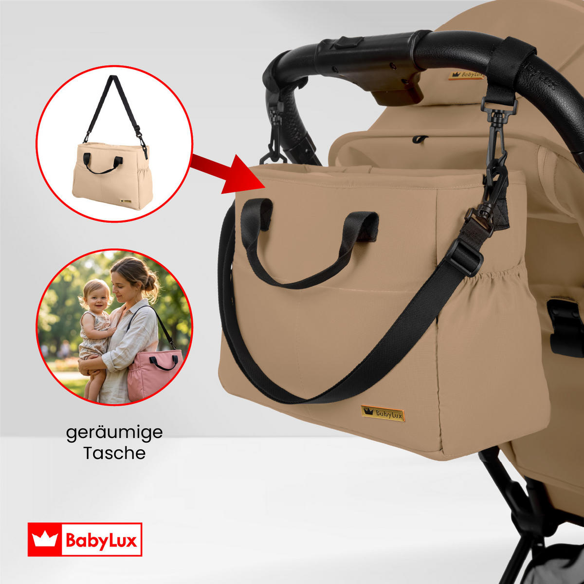 BUGGY Giau, Klein und Leicht, Teleskopische Führung, Kompakt Faltbar, Wickeltasche, Reisetasche - Schwarz/Braun, Textil/Metall (58/98cm) - BabyLux