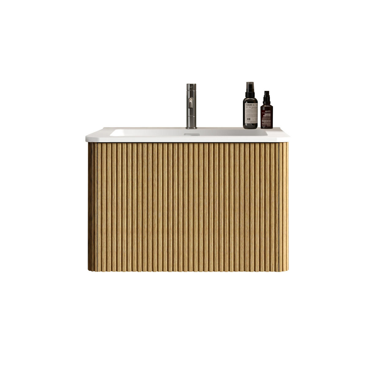 WASCHBECKEN mit Unterschrank aus MDF/Sperrholz 61x46x37 cm mit Solid Surface 60 cm Eiche, wandhängend, mit Push-to-Open-Schubladen - Eichefarben, Holzwerkstoff (61/37/46.5cm) - Modfu