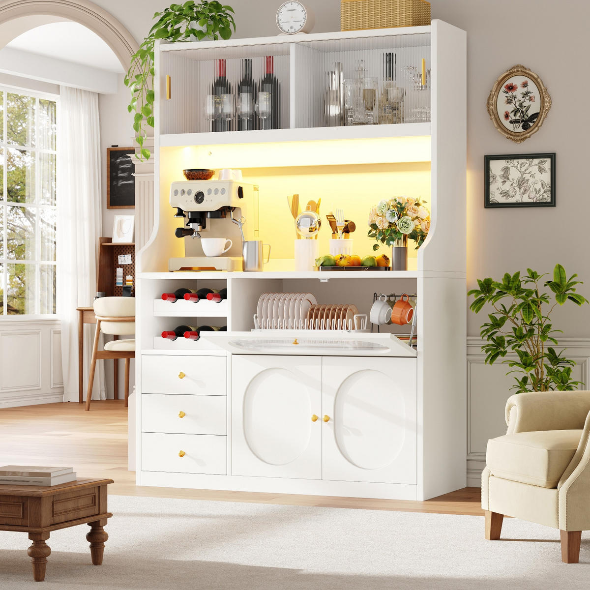 KÜCHENSCHRANK120/180/40 cm, MDF, Weiß, MIT RGB-LED BELEUCHTUNG, Glasschiebetüren und Weinregal, für Küche und Esszimmer - Weiß, Holzwerkstoff (40/180/120cm) - Rolipo