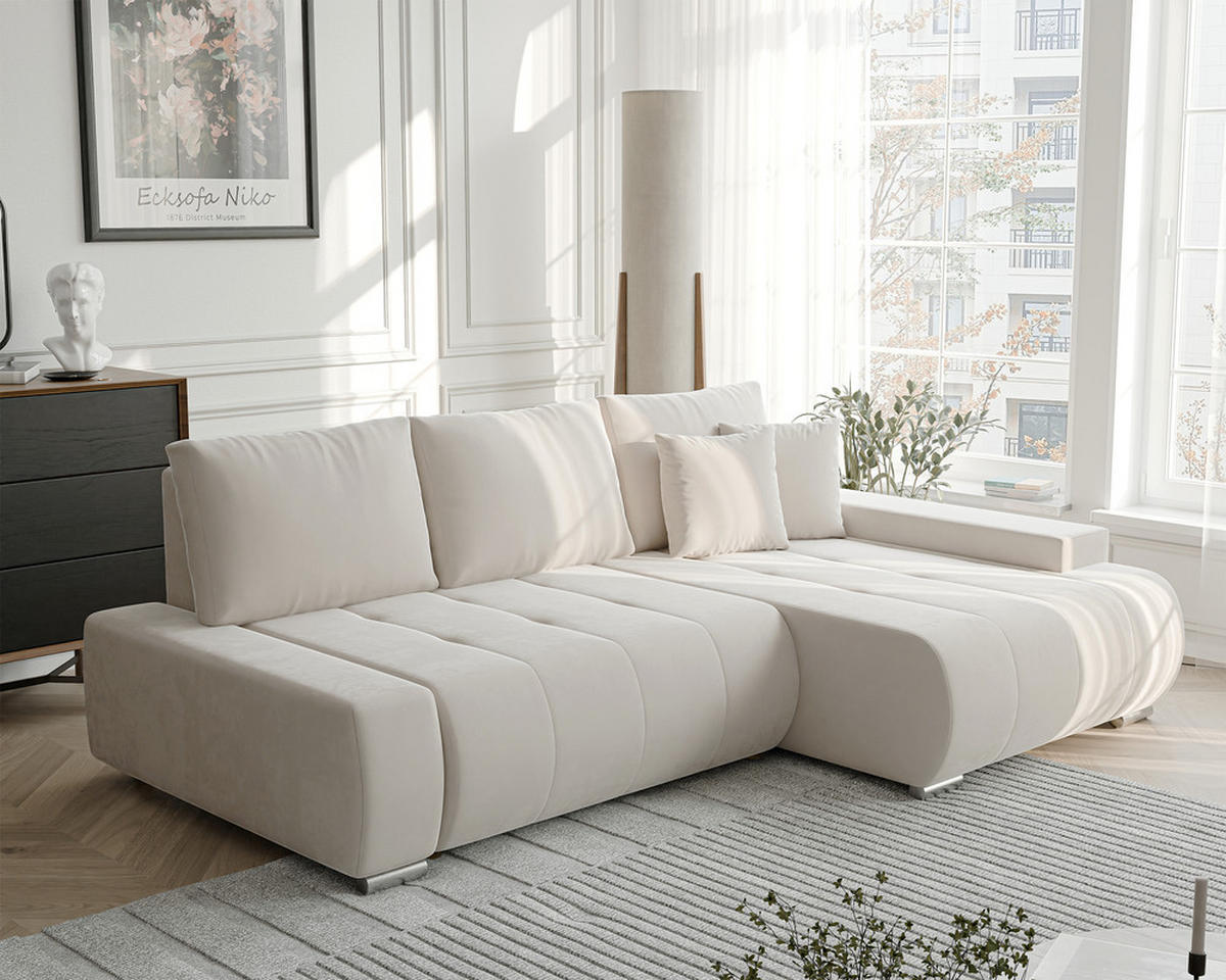 ECKSOFA NIKO Rechts, mit Schlaffunktion und Bettkasten, Creme - Creme, Textil (227/153cm) - Idohome