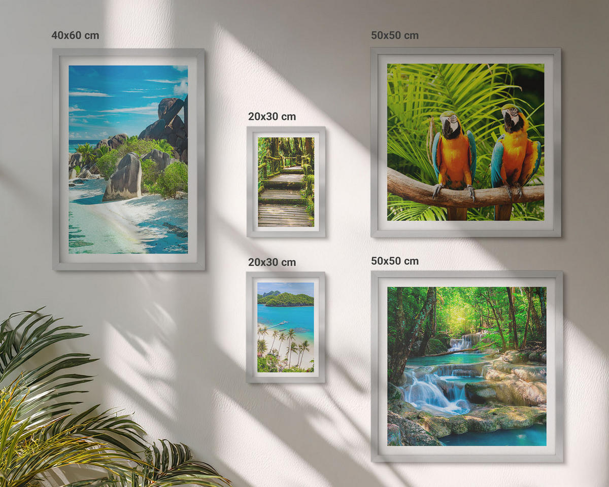 BILDER SET 5er Set - 50x50 cm & 20x30 cm & 40x60 cm Silberner Rahmen - Strand, Boot, Wasserfälle, Palmen - Silberfarben, Kunststoff (40/60cm) - TULUP