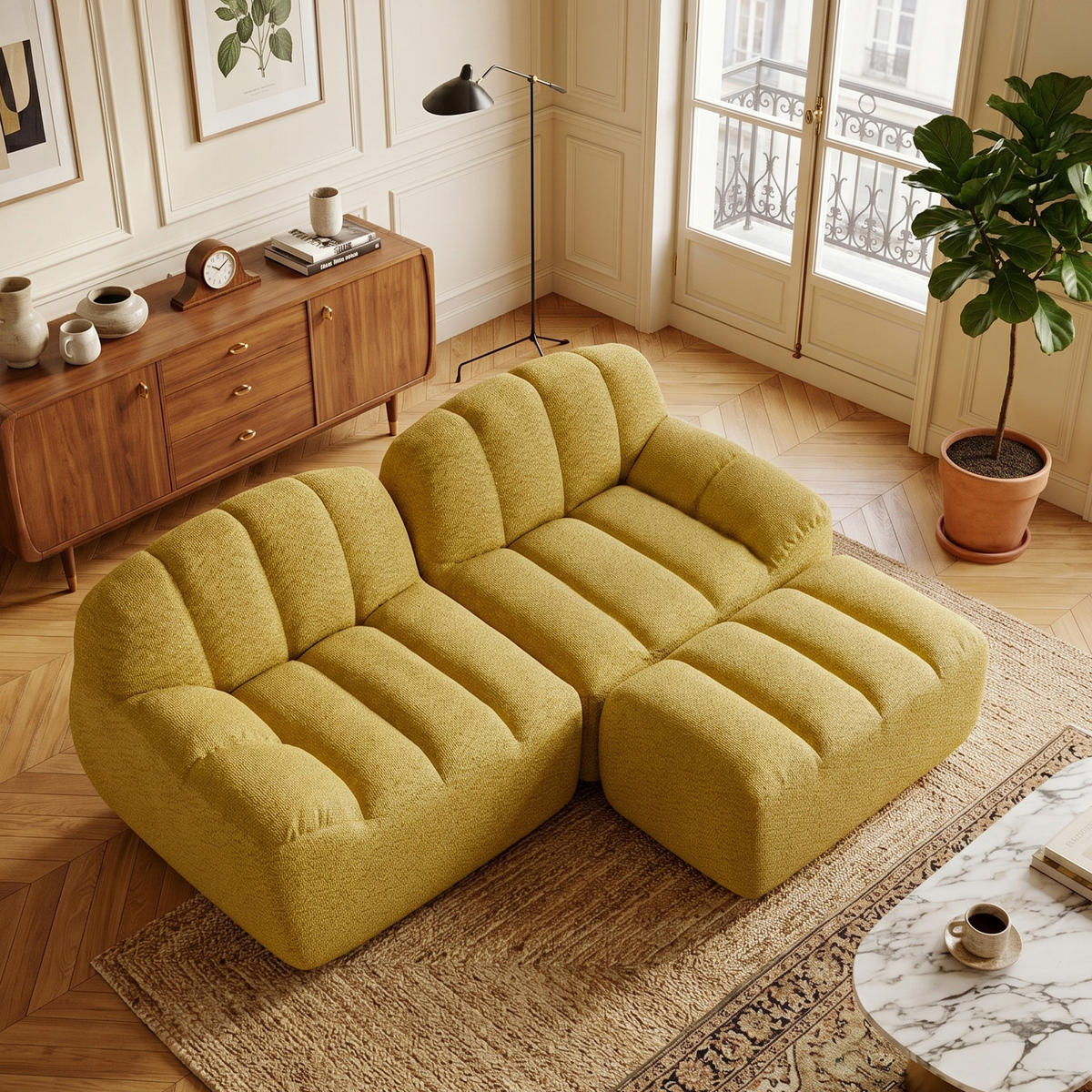 ECKSOFA aus granuliertem Fleece, frameless Lounge-Design ohne Montage - Gelb, Textil (210/165cm) - Urban Meuble