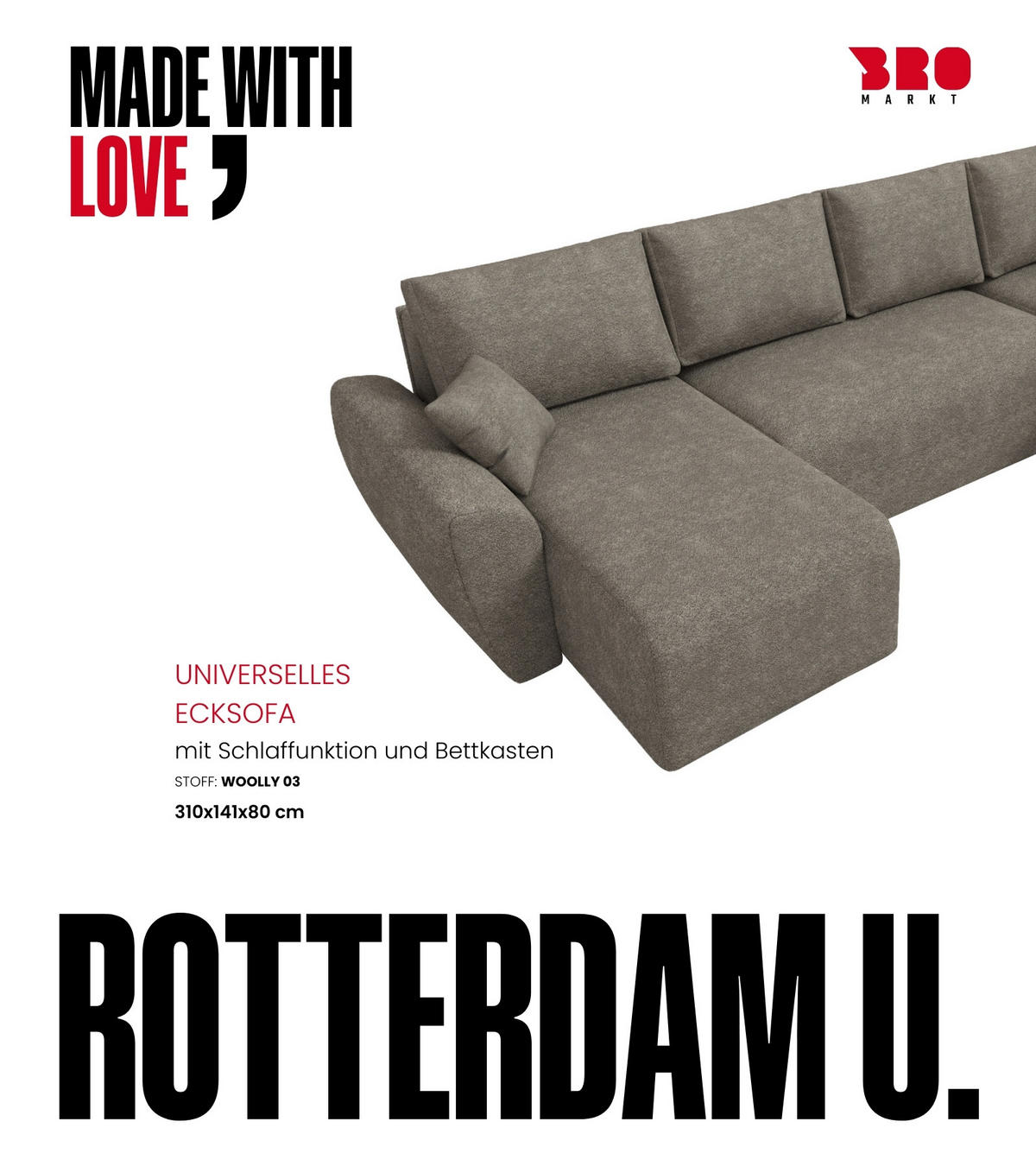 WOHLANDSCHAFT Rotterdam U mit Schlaffunktion Braun Bouclé - Sandfarben, Textil (310/80/141cm) - Bromarkt