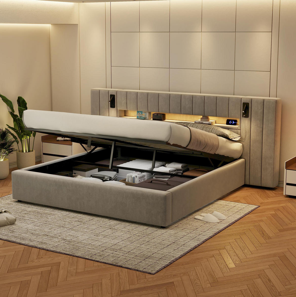 POLSTERBETT 180/200 cm Grau mit Stauraum mit LED-Beleuchtung und USB- und Type-C-Anschlüssen aus Samt - Grau, Textil (180/200cm) - OKWISH