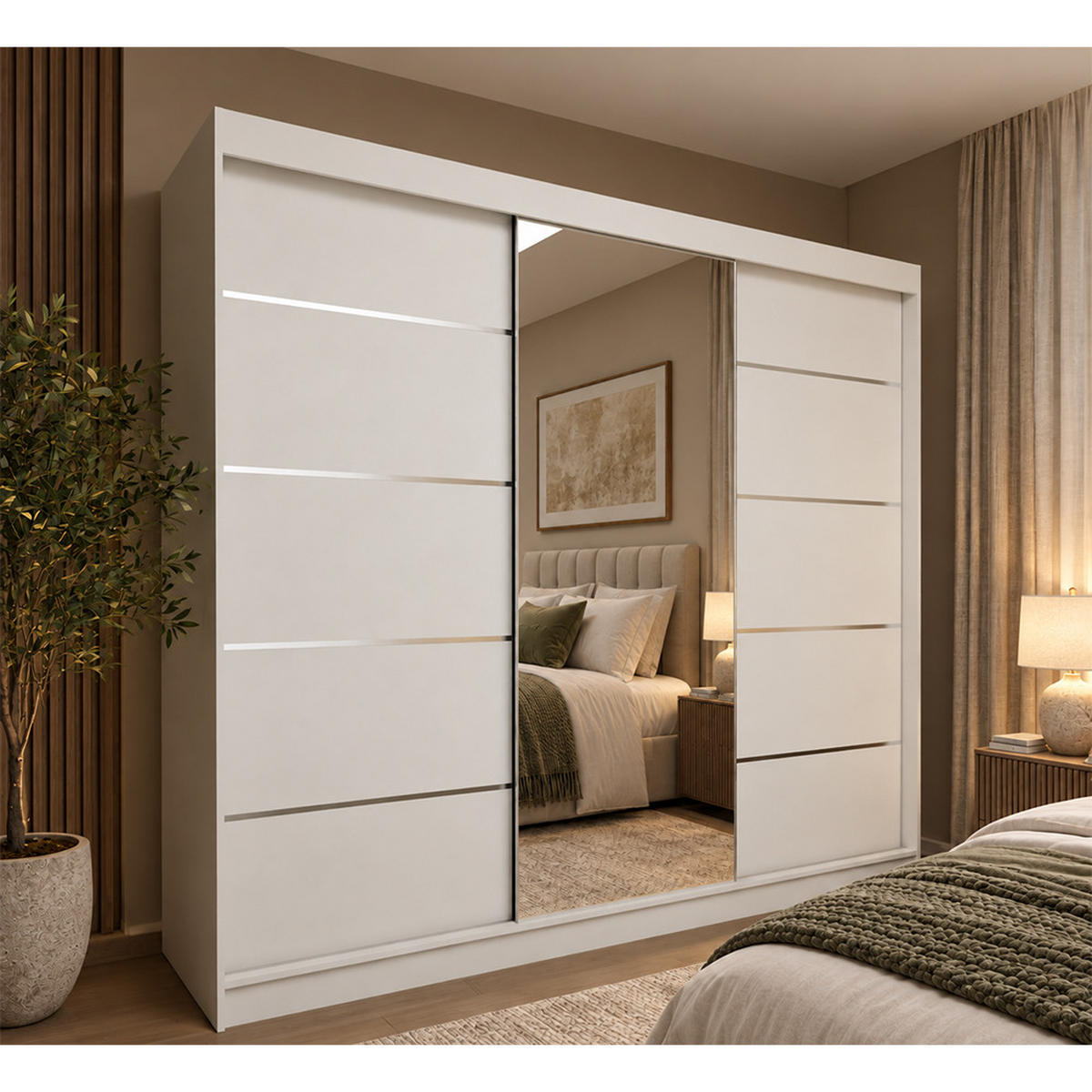 KLEIDERSCHRANK Malika 240 cm Weiß Spiegel 4 Schubladen Griffe silber - Weiß, Holzwerkstoff (240/216/61cm) - KS Home Concept