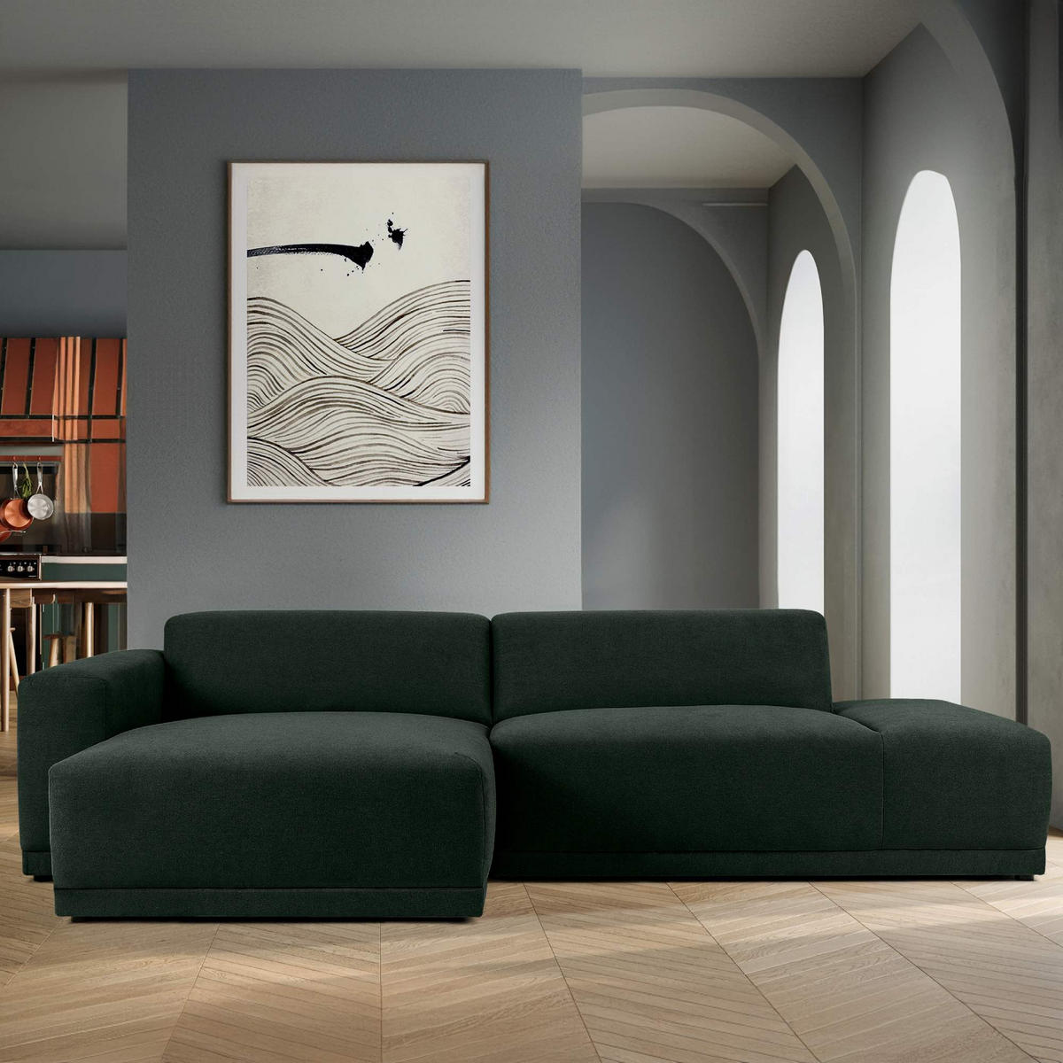 ECKSOFA LINKS MUDI in moderner Optik mit hochwertigem Kaltschaum, Cord-Stoff, Dunkelgrün - Dunkelgrün/Schwarz, Textil (280/160cm) - KONSIMO®