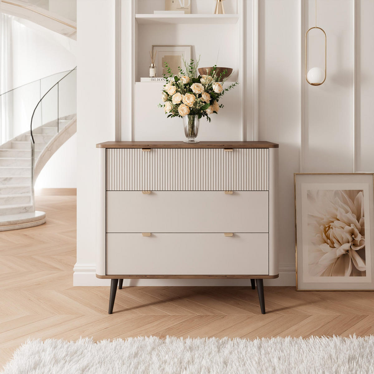 KOMMODE NAVANI 90 cm, 3 Schublade(n) Kaschmir / Nussbaum - Nussbaumfarben, Holzwerkstoff/Metall (90/82/40cm) - Idohome