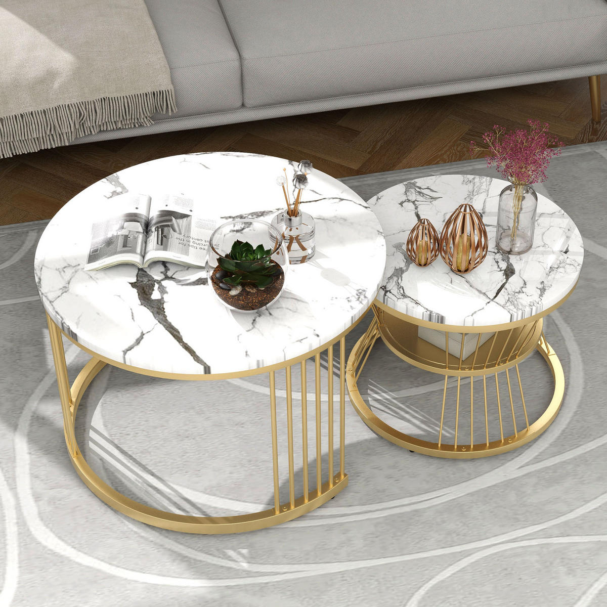 COUCHTISCH 2er Set rund, Wohnzimmer tisch mit Marmoroptik, platzsparend stapelbar - Goldfarben, Metall (70/70/45cm) - PARAFTA HOME