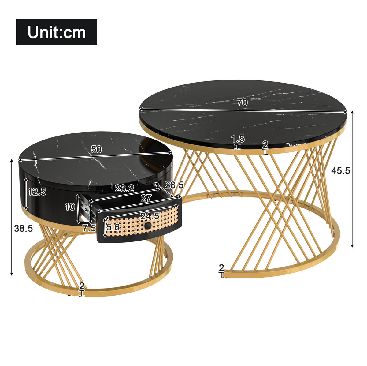 COUCHTISCH-SET 70/70/45,5 + 50/50/38,5 cm mit Schublade, Marmordekor und Rattanoptik, Schwarz/Gold - Schwarz, Holzwerkstoff (70/70/45.5cm) - Redom