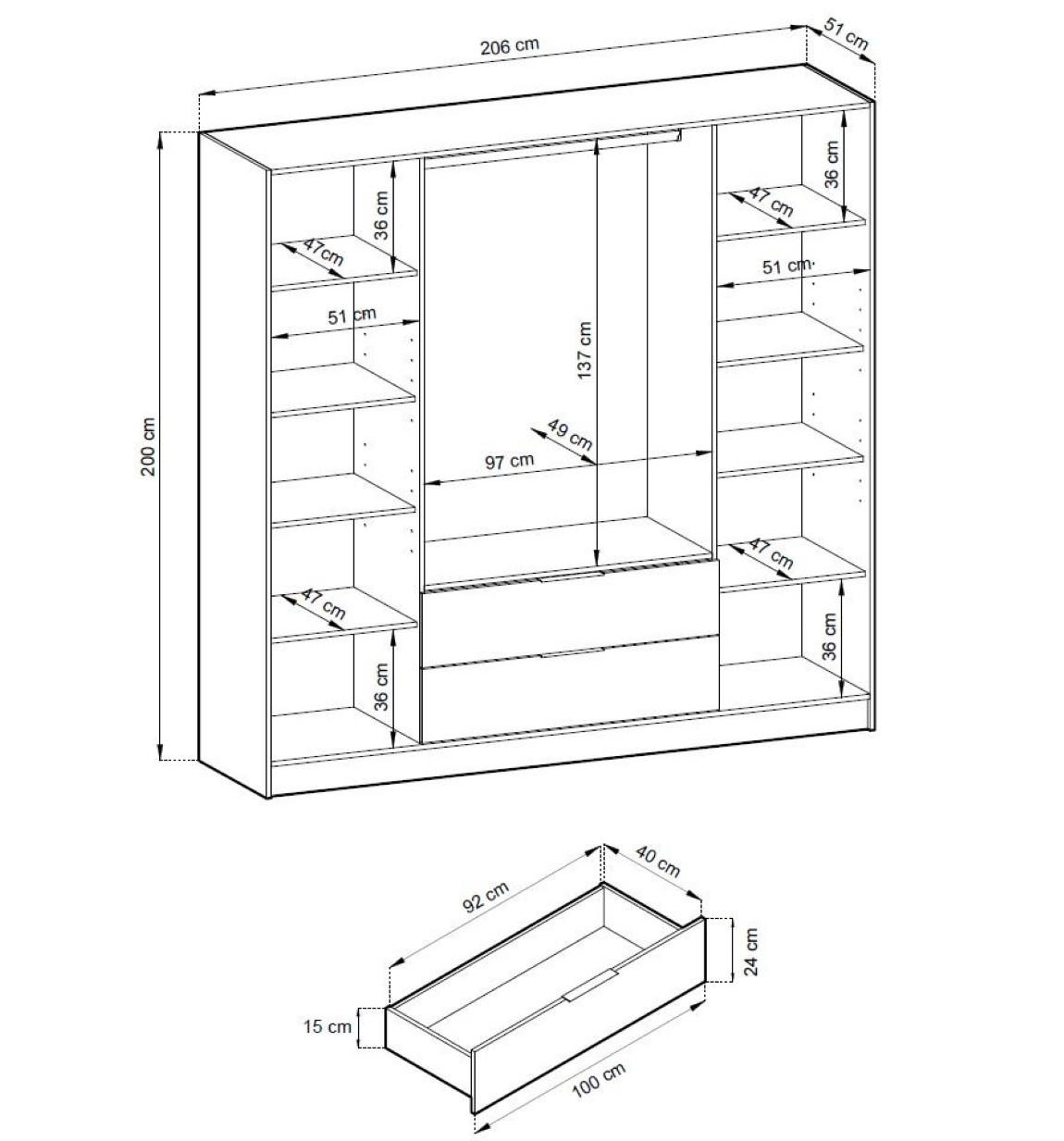 Thumbnail - Bettso Kleiderschrank, Grau, Holzwerkstoff, 2 Schubladen, 206x200x51 cm, Schlafzimmer, Kleiderschränke, Drehtürenschränk...