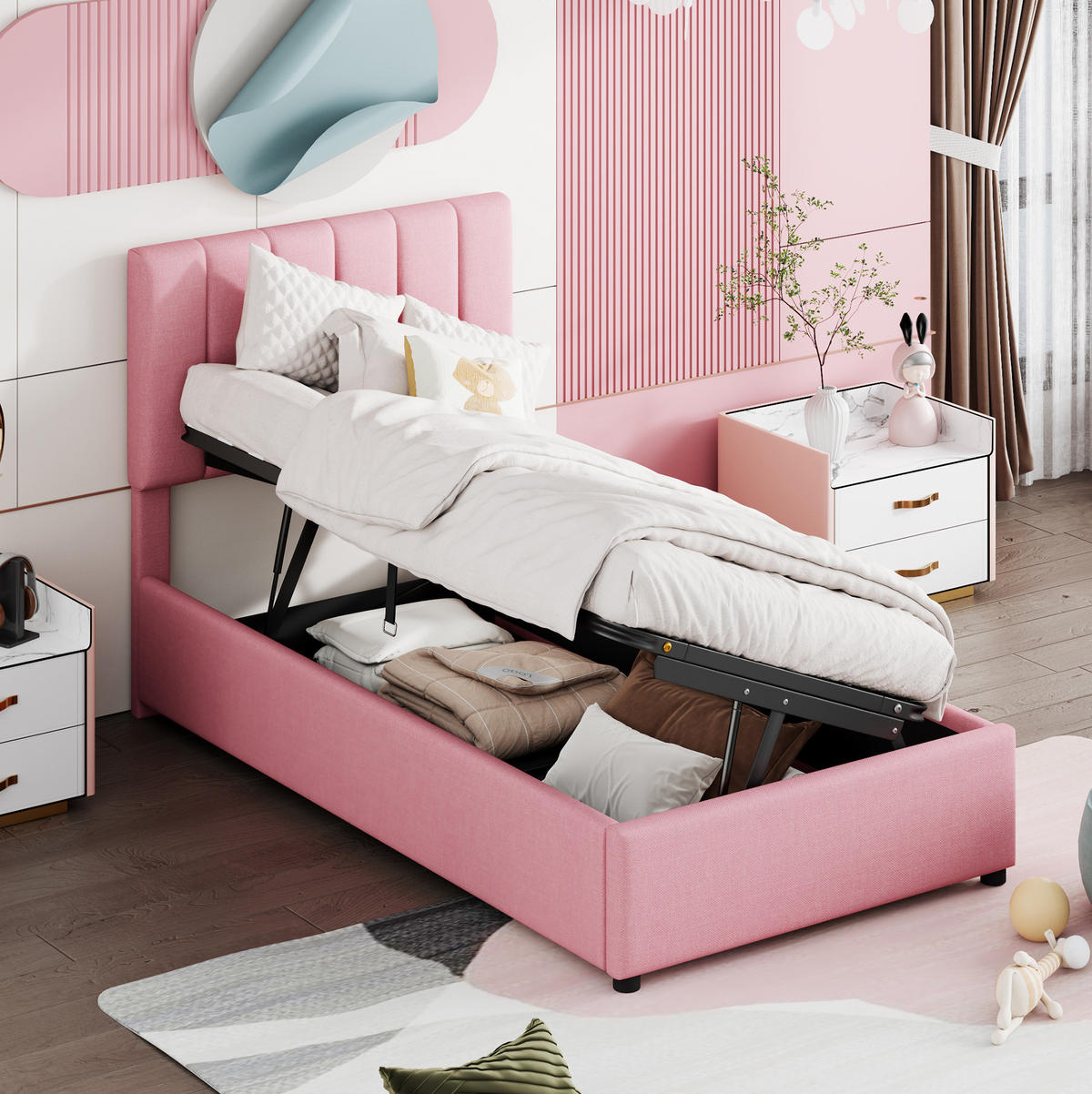 KINDEREINZELBETTEN aus Leinenstoff 90x200 cm in Rosa mit hydraulischem Stauraum - Rosa, Textil (90/200cm) - Modfu