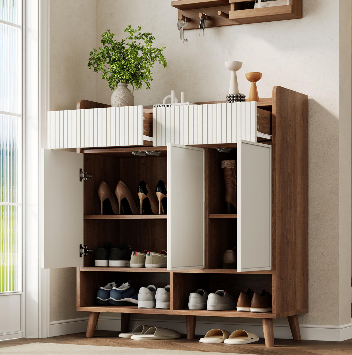 SCHUHSCHRANK aus MDF & Spanplatte 90x35x100cm in Weiß mit Kippsicherung - Weiß, Holzwerkstoff (90/100/35cm) - Modfu