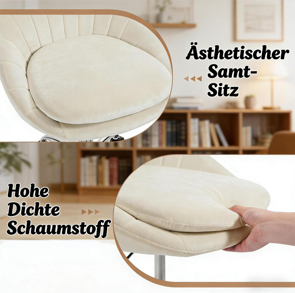 BÜROSTUHL in Beige 52x47,5x82 cm mit Samtbezug, höhenverstellbar und drehbar - Beige, Metall (47.5/82/52cm) - IVMEU