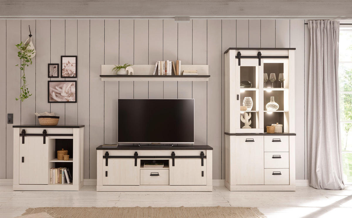 KOMMODE weiß Pinie, anthrazit, Landhaus, Schiebetürenkommode 93 x 91 cm - Anthrazit/Weiß, Holzwerkstoff/Metall (93/91/38cm) - Furn.Design